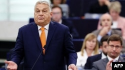 Kryeminstri hungarez, Viktor Orban, gjatë një adresmi në Parlamentin Evropian në Strasburg më 9 tetor 2024. 