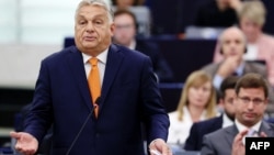 Hungarian Prime Minister Viktor Orban delivers a speech at the European Parliament in Strasbourg, eastern France, on October 9.