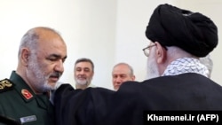 Iranian Supreme Leader Ayatollah Ali Khamenei (R) decorates the newly-appointed Major General Hossein Salami (L) as head of the Iranian Revolutionary Guards Corps (IRGC) during an official ceremony in Tehran, April 22, 2019