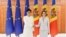 Moldova  President Maia Sandu and EU Commissioner for Enlargement Marta Kos shake hands after a press conference in Chisinau