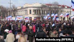 The rally in Simferopol, in Crimea, on March 9 by pro-Russian activists supporting a referendum on joining Russia.