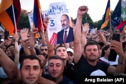 Supporters of Nikol Pashinian rally in the center of Yerevan on June 17.