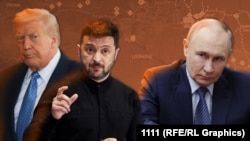 This combination of file photographs shows US President Donald Trump (left), Ukrainian President Volodymyr Zelenskyy (center), and Russian President Vladimir Putin (right).