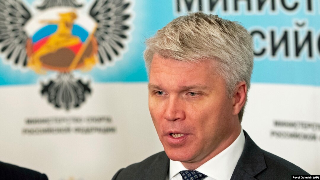 Russian Sports Minister Pavel Kolobkov speaks to the media in Moscow, July 24, 2019