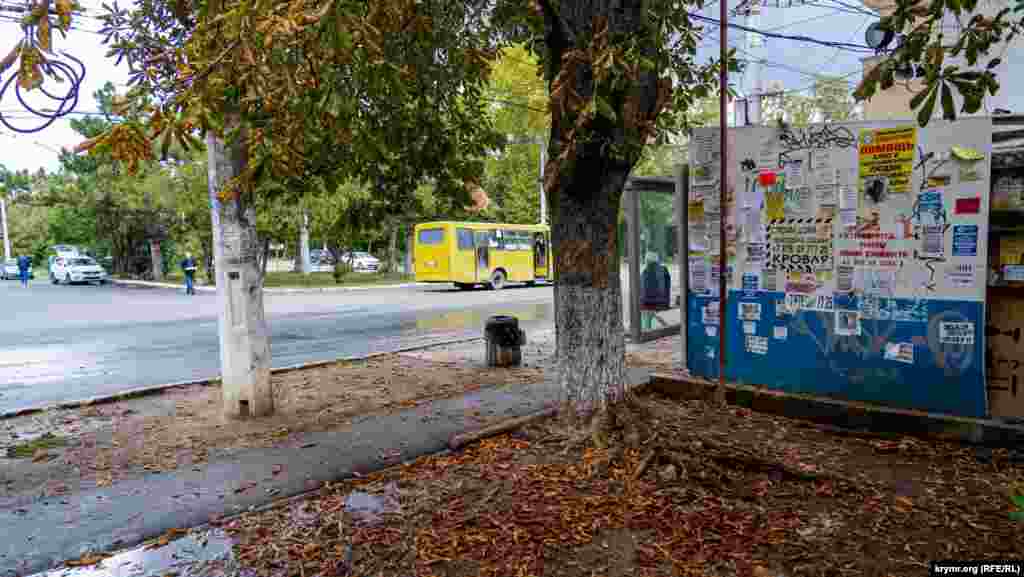 Конечная остановка городских автобусов и троллейбусов. Дальше, за желтым автобусом, проходит автодорога Симферополь &ndash; Ялта
