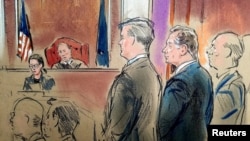 Paul Manafort (shown in dark suit in drawing) stands before Judge T.S. Ellis during his 2018 trial.