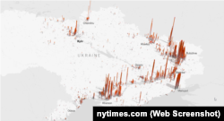 Візуалізація The New York Times даних про пошкоджені та зруйновані будівлі після початку повномасштабного вторгнення РФ