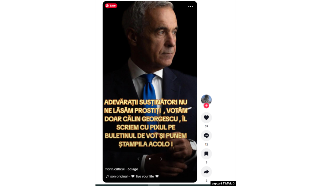 Postarea de pe contul de TikTok florin.criticul, pe care BEC a solicitat platformei de social media să o elimine.