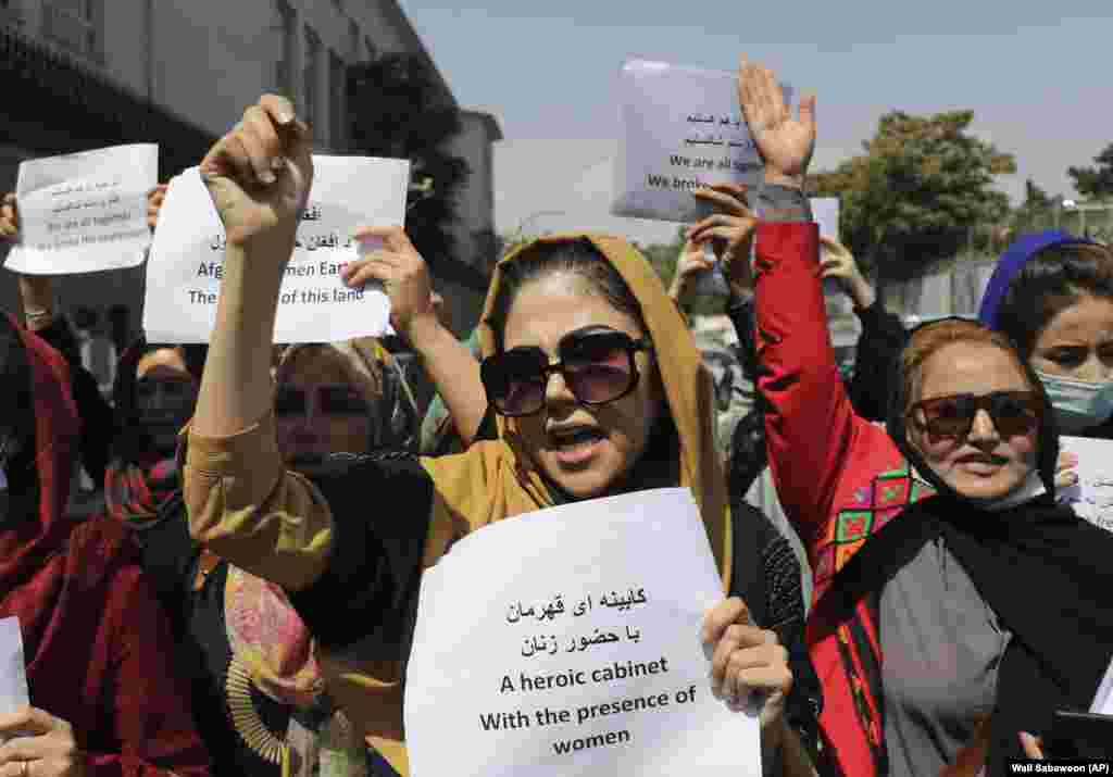 Women gathered to demand their rights under Taliban rule during a protest in Kabul on September 3.&nbsp;Taliban militants used tear gas and fired warning gunshots into the air to break up a similar rally on September 4.&nbsp;At least one woman suffered injuries.