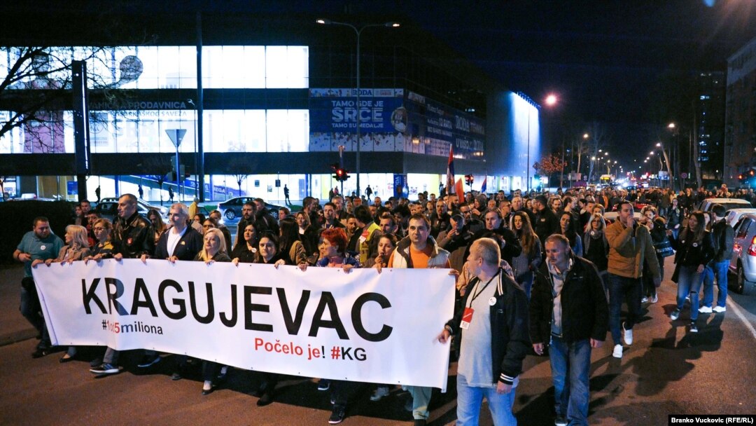 Antigovernment protesters take to the streets in the the southern Serbian town of Kragujevac on March 23.