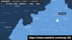 Prikaz sa Starlink mape svijeta da je Starlink internet dostupan na Kosovu, 21. decembar 2024.