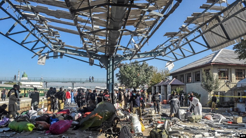 Passengers' belongings are scattered on the platform after an explosion at a railway station in Quetta, the capital of Pakistan's Balochistan Province, on November 9. 