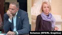 Kombinovana fotografija bivšeg šefa kabineta ukrajinskog predsjednika Volodimira Zelenskog, Andrija Jermaka i Veronike Anikjevič