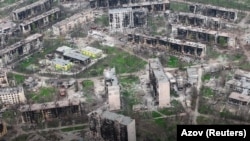 An aerial view on April 24 of Mariupol, the southern port city that has been reduced to rubble amid Russia's invasion of Ukraine. 