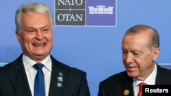 Президент Литви Гітанас Науседа носить значок «клуб 5%», стоячи поруч із президентом Туреччини Таїпом Ердоганом на саміті лідерів НАТО в Анкарі, Туреччина, 8 липня 2026 року.