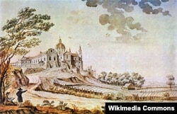 Почаївська лавра в 1791 році (з іншого боку, ніж на попередньому малюнку). Картина художника Зиґмунта Фоґеля (аварель)