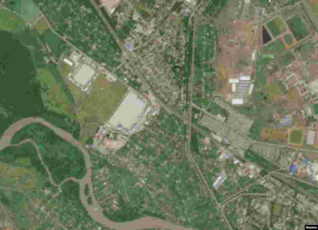 A satellite view shows smoke billowing from a Wildberries facility in Nevinnomyssk, Russia, on July 22. The handout images were captured by the European Union's Copernicus Sentinel-2 satellite.