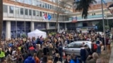 Serbia--Students in front of the Radio Television of Serbia (RTS) building, Belgrade, March 11, 2025.