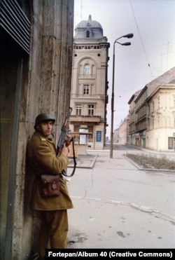 A soldier on the streets of Timisoara in December 1989.