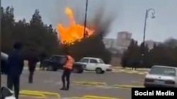 A screen grab of video footage shows the explosion caused by a drone strike on Azerbaijan's Nakhchivan region on March 5. 