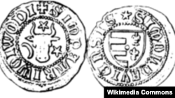 Însemnele heraldice ale Moldovei pe o monedă de la Petru Mușat