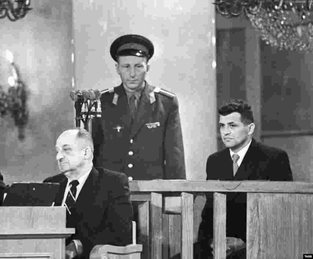 Three months after being shot down, Powers (right) appeared in the dock of the Supreme Court of the U.S.S.R. and was tried by the Soviet Military Board on August 19, 1960. Powers was a Central Intelligence Agency (CIA) officer. He was convicted of espionage and sentenced to 10 years in prison.