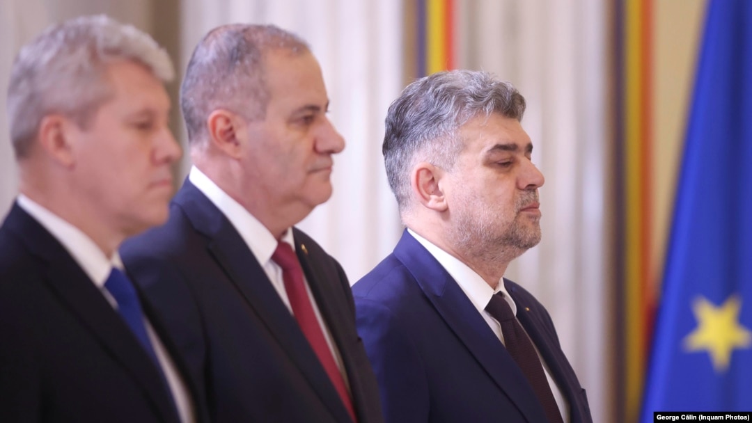 Guvernul Ciolacu 2.0 a fost învestit în funcție pe 23 decembrie 2024. În imagine, de la stânga la dreapta: Cătălin Predoiu, Marian Neacșu și Marcel Ciolacu.