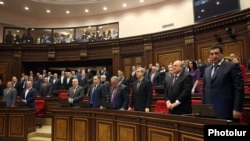 Armenia - Parliament deputies observe a minute of silence for people killed in bloody street protests in Ukraine, Yerevan, 24Feb2014.