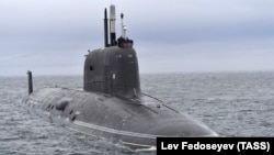 The Project 885M Yasen class Kazan nuclear-powered submarine arrives at its permanent deployment base of the Russian Navy Northern Fleet in the Murmansk region in June 2021. 
