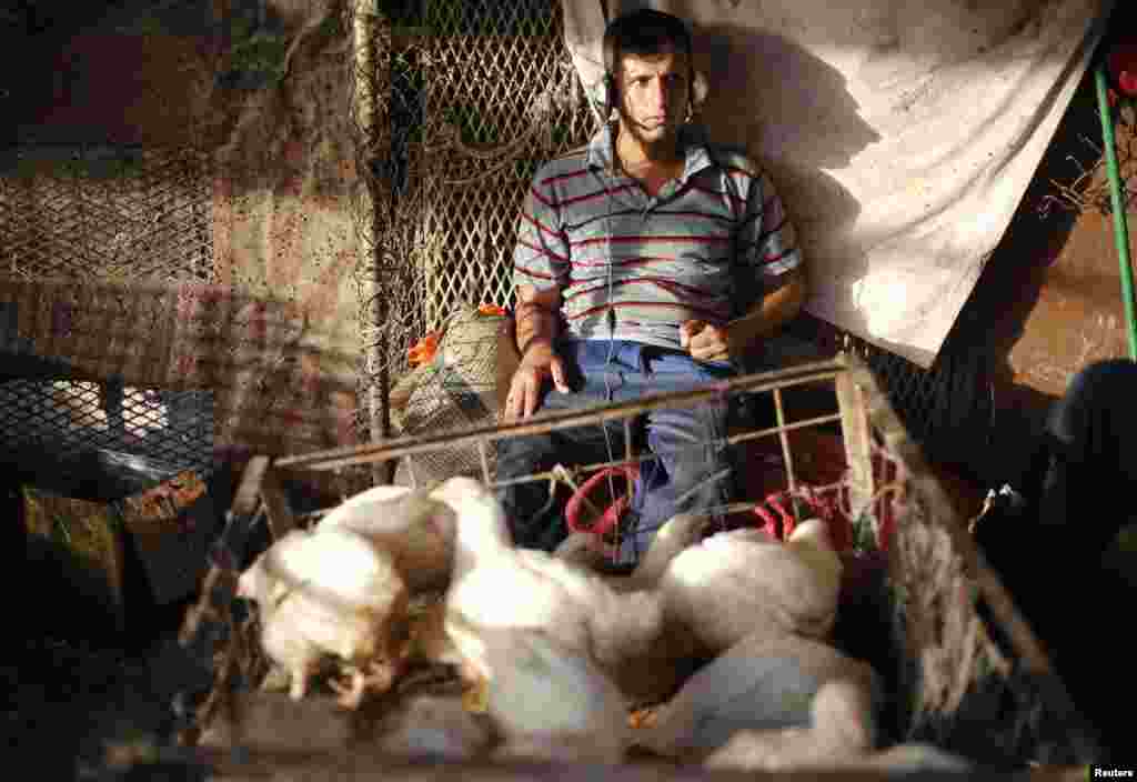 A poultry merchant listens to music at a market in Sadr City. The neighborhood is home to some 1 million people.