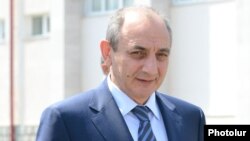 Nagorno-Karabakh - President Bako Sahakian outside a polling station in Stepanakert, 19Jul2012.