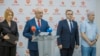 Ex-bașcana Irina Vlah (stânga), alături de ex-președintele Igor Dodon, fostul premier Vasile Tarlev și fostul șef de stat Vladimir Voronin, la conferința de presă din 22 iulie.
