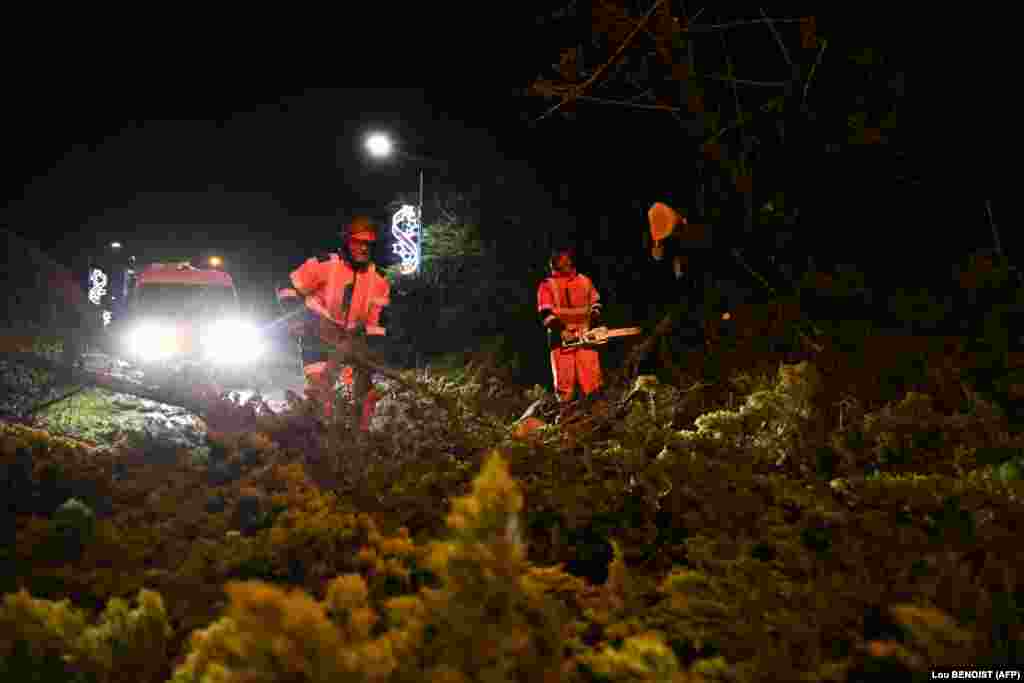 Punëtorët duke pastruar një rrugë pas rrëzimit të pemëve në veriperëndim të Francës më 9 janar 2025. 