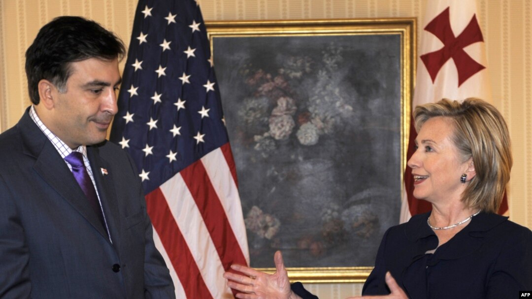 Georgian President Mikheil Saakashvili with U.S. Secretary of State Hillary Clinton in New York on September 21