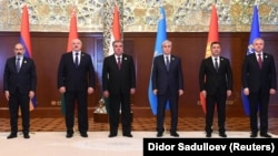 TAJIKISTAN -- Leaders pose as they attend a meeting of the Collective Security Council of the Collective Security Treaty Organization (CSTO) in Dushanbe, September 16, 2021