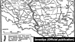 „Linia de demarcație” stabilită de Pactul Molotov-Ribbentropp, publicată în „Izvestia” la 18 septembrie 1939, o zi după invazia sovietică în Polonia 