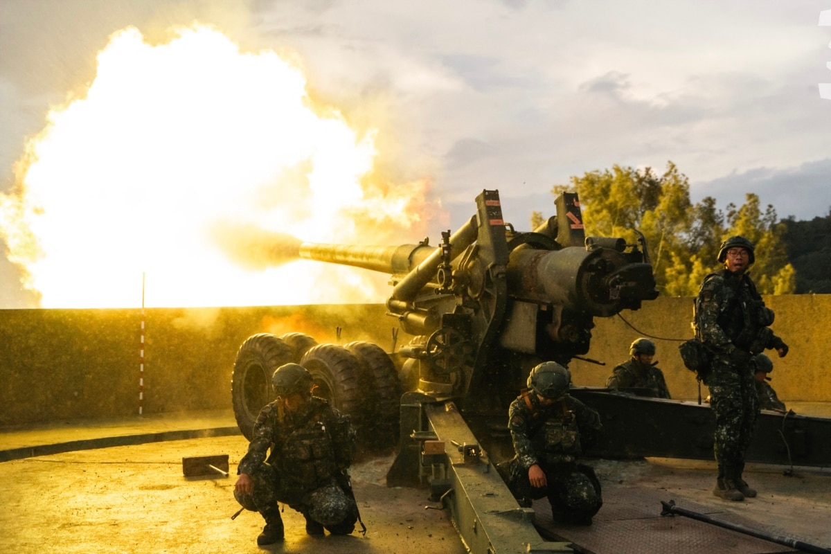Troops fire a 155mm artillery gun during the annual Han Kuang military exercises on Taiwan's Matsu Islands.