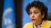 Irene Khan, az ENSZ különleges jelentéstevője egy genfi sajtókonferencián. 2021. április 1.