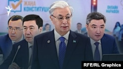 Касым-Жомарт Токаев (в центре), Олжас Бектенов (справа), Маулен Ашимбаев (в очка слева) и Ерлан Кошанов (слева)