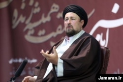 Hassan Khomeini delivers a speech in Tehran in April 2021.