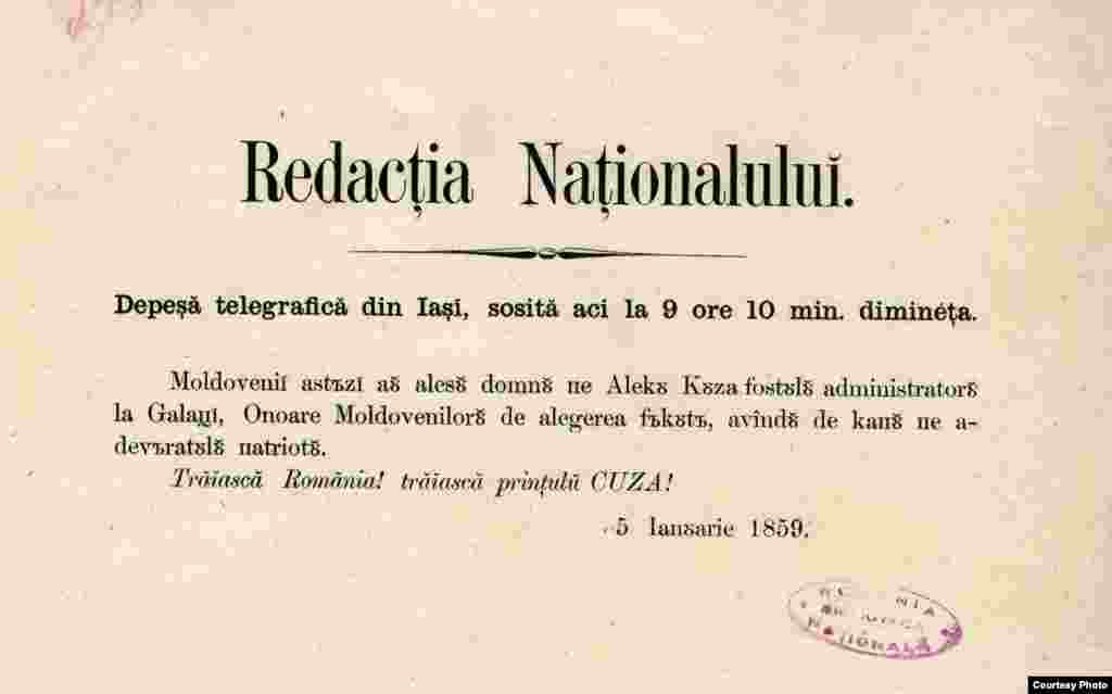 Telegramă de presă anuntând alegerea lui Alexandru Ioan Cuza ca domnitor al Moldovei, ianuarie 1859.&nbsp;