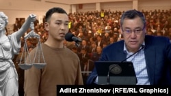 Коллаж. Ширинбек Абдурахманов президент Садыр Жапаровго Жалал-Абаддагы эл менен жолугушуусунда кайрылган.