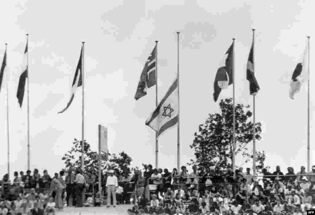 The Israeli flag flies at half-mast alongside other national flags at Olympic Stadium in Munich on September 10, 1972.