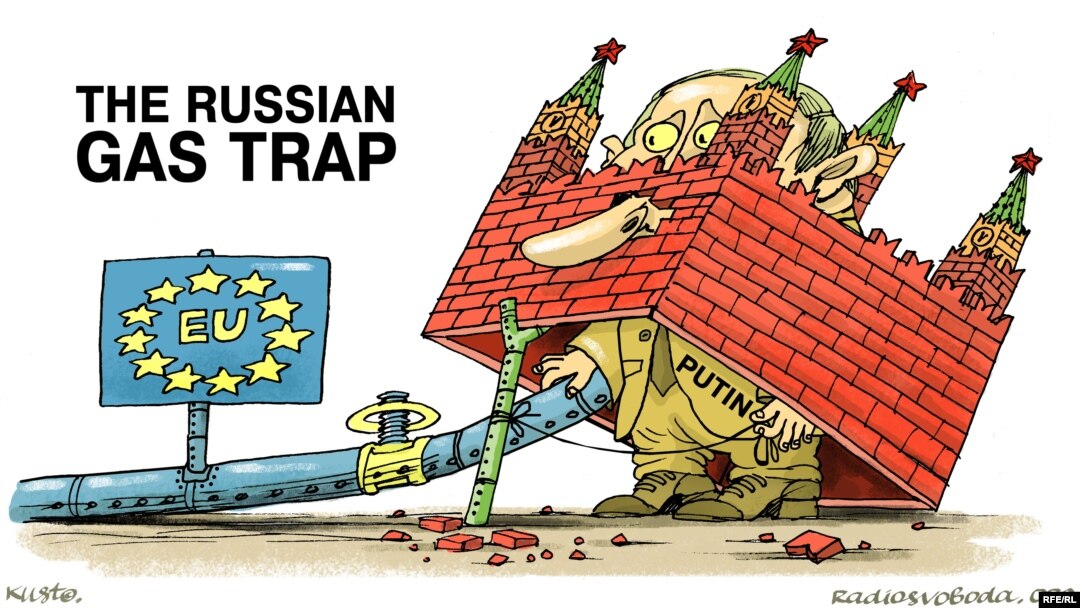Colegii Europei Libere din Ucraina au realizat această caricatură pentru a ilustra cât de important este gazul rusesc pentru Europa. 