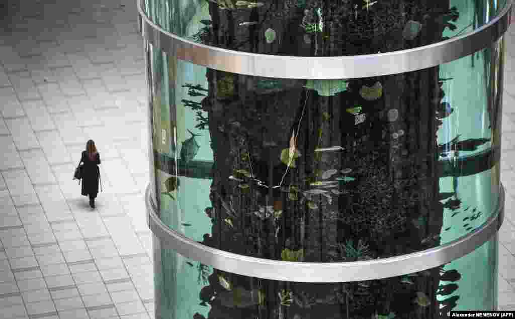 A visitor walks past a huge aquarium in the Aviapark shopping mall in Moscow. Aviapark is the largest shopping mall in Europe, covering an area of 230,000 square meters, and its 25-meter-high aquarium has a capacity of 650,000 cubic meters of water. (AFP/Alexander Nemenov)