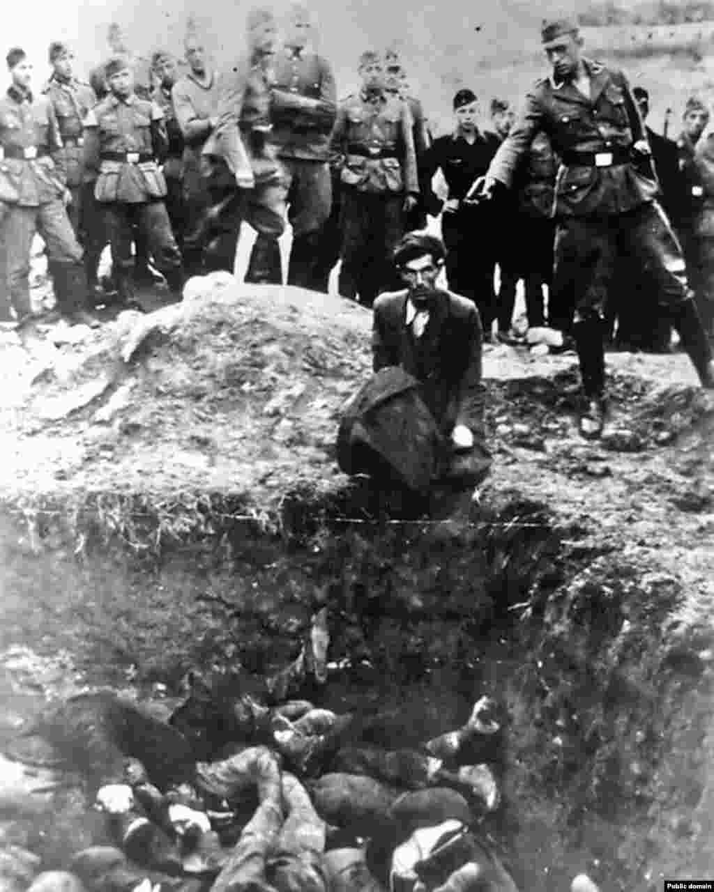 A Jewish man about to be executed in Vinnytsia, Ukraine &nbsp; British historian and author Jonathan Dimbleby says the atrocities carried out by the Nazis -- and to a lesser-extent the vengeful Red Army that he researched -- are &quot;hardly bearable to talk about.&quot;