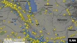 Map showing flight routes diverted from Iranian airspace to neighboring countries. 