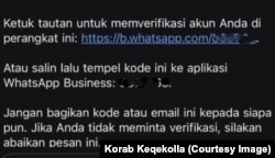 Mesazhi i shkruar në Indonezisht që i ka shkuar një përdoruesi të WhatsApp-it në tentativë të marrjes së llogarisë