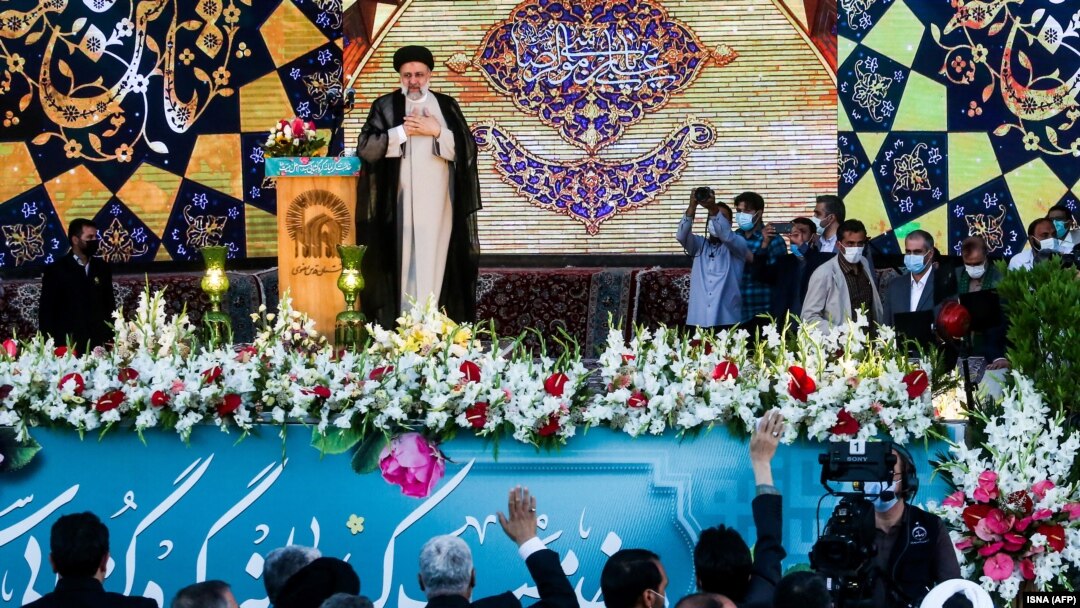 Iranian President Ebrahim Raisi delivers speech at the Imam Reza shrine in the city of Mashhad in June 2021.