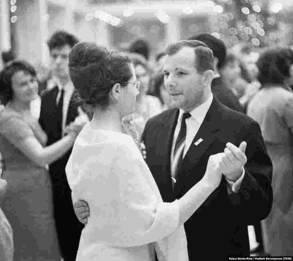 The Gagarins dance at the Kremlin Palace of Congresses in Moscow on January 1, 1965.